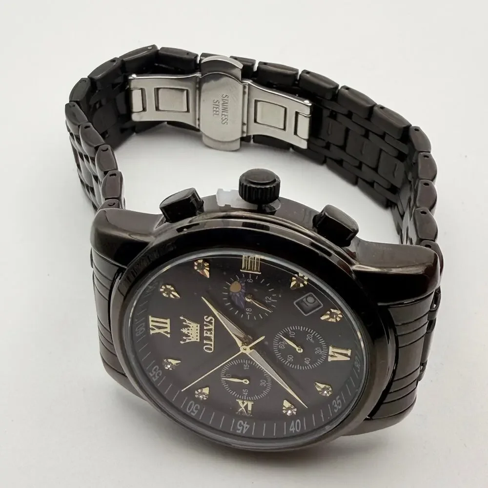 Sleek OLEVS 2858 Men's Black Stainless Steel Chrono Watch - New Battery!